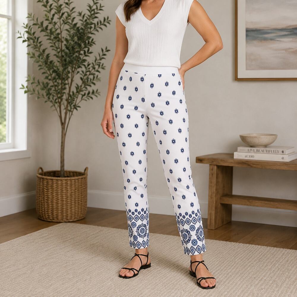 J. Jill Pull On Pants Size 10 White Blue Damask Stretch Cotton Coastal Mature